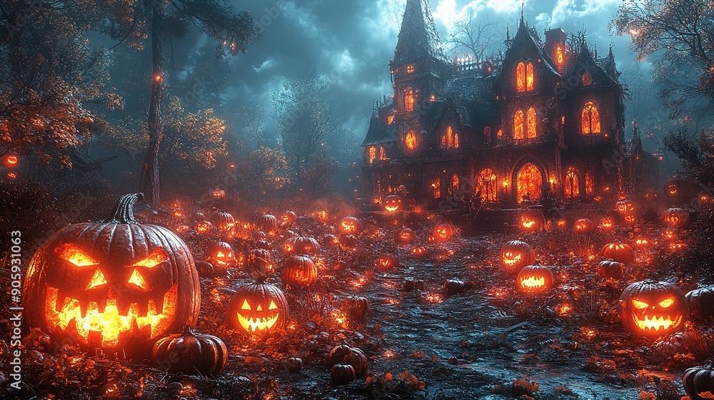 Illuminated Jack-O'-Lanterns Surrounding a Haunted Manor on a Foggy Night Illuminated Jack-O'-Lanterns Surrounding a Haunted Manor on a Foggy Night