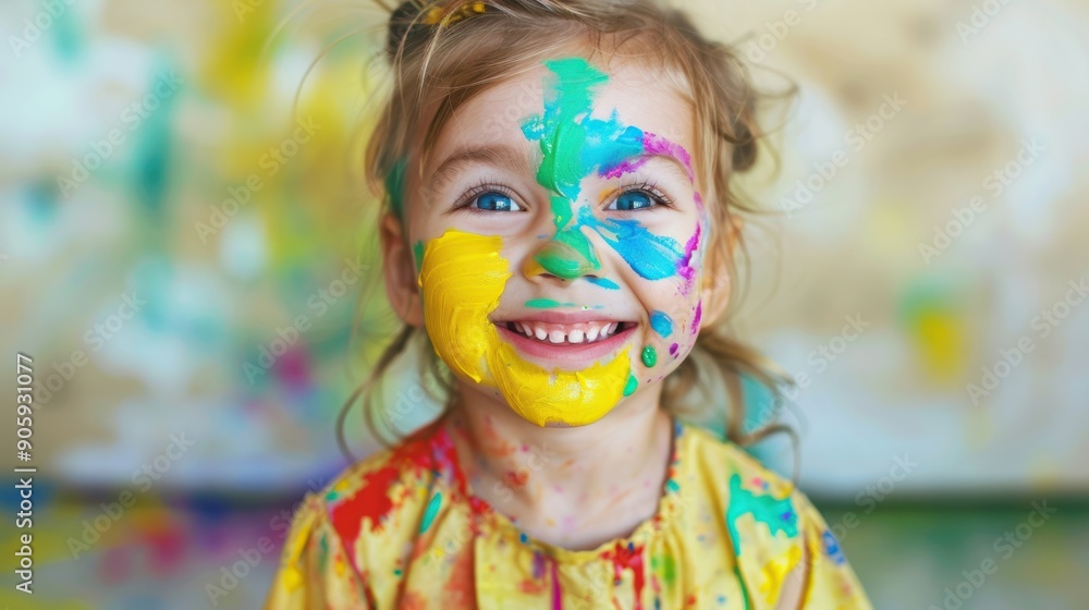 A cheerful child with colorful paint on her face and clothes happily engages in a creative painting activity at home A cheerful child with colorful paint on her face and clothes happily engages in a creative painting activity at home