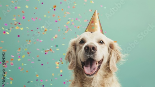 A joyful golden retriever smiles widely while wearing a party hat amidst vibrant falling confetti