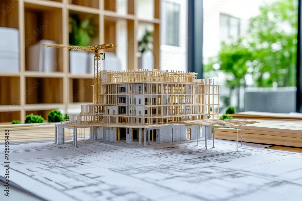 Building Work Plan Detailed blueprint construction plan for a commercial building, laid ...