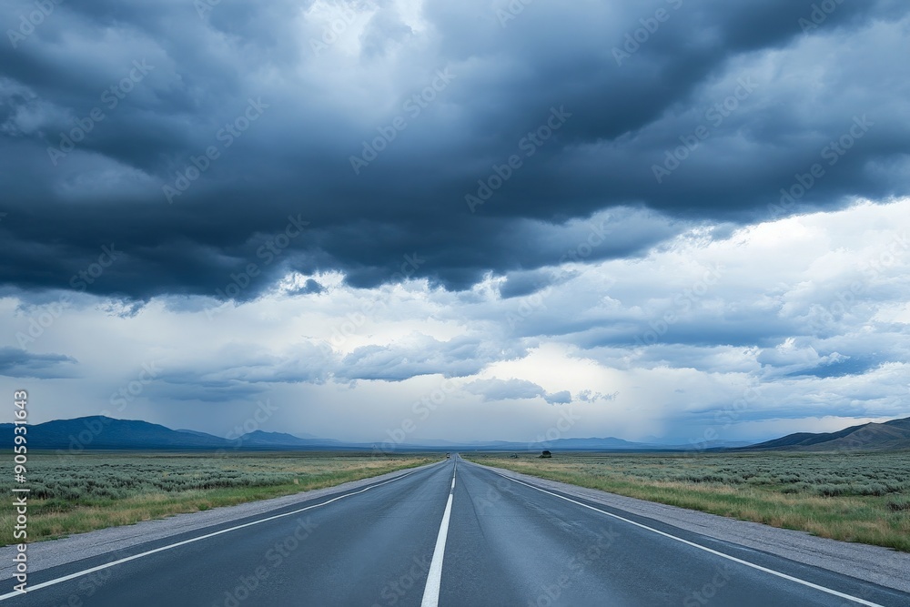 Naklejka premium Empty highway in a remote area, with dramatic cloud formations overhead, creating a sense of isolation and grandeur 