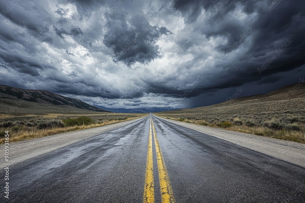 Fototapeta premium Empty highway in a remote area, with dramatic cloud formations overhead, creating a sense of isolation and grandeur 