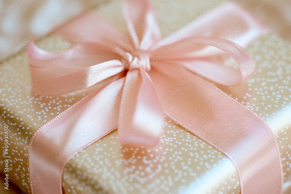 Close-up of a gift with a pink ribbon surrounded by warm lights capturing the elegance joy and anticipation of holiday giving Close-up of a gift with a pink ribbon surrounded by warm lights capturing the elegance joy and anticipation of holiday giving