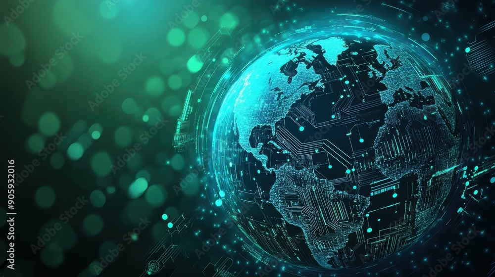 Fototapeta premium Circuit board design integrated with a globe outline, symbolizing global technological advancement, digital art, blue and green tones, hightech visual