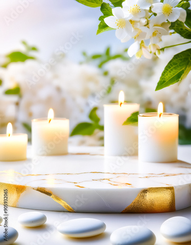 Spa candles with white stones and jasmine flowers