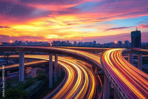 Long exposure of a highway overpass at dusk, with light trails from vehicles below and a colorful sky above, creating a dynamic and beautiful image 