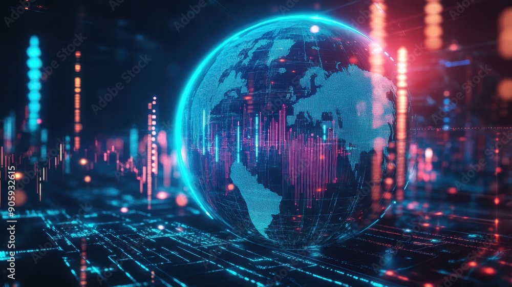 Obraz premium Digital abstract globe, bar graphs showing currency exchange rates, glowing lines, futuristic finance theme, blue and neon accents, highresolution