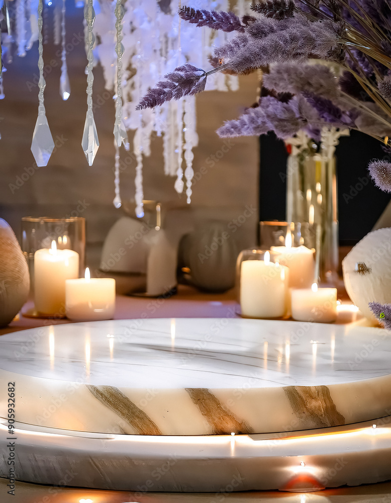 White Marble Round Podium With Candles And Dried Flowers White Marble Round Podium With Candles And Dried Flowers