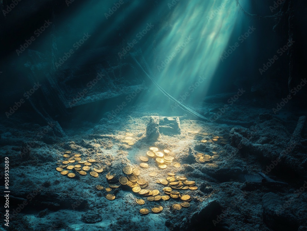 Obraz premium Pirate treasure hidden in a shipwreck at the bottom of the ocean, with beams of light filtering through the water and illuminating gold coins and jewelry scattered among the wreckage