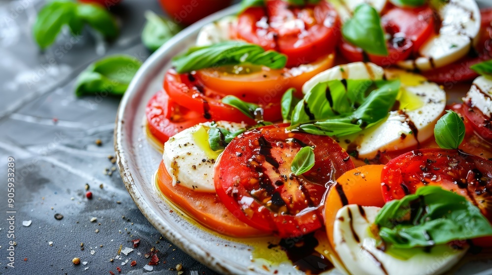 A classic Caprese salad with ripe tomatoes, fresh mozzarella, and fragrant basil, drizzled with balsamic glaze. The salad symbolizes Italian cuisine, freshness, summer flavors, healthy eating, and a s A classic Caprese salad with ripe tomatoes, fresh mozzarella, and fragrant basil, drizzled with balsamic glaze. The salad symbolizes Italian cuisine, freshness, summer flavors, healthy eating, and a s