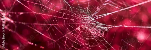 Fototapeta A close-up image of a spider web with delicate strands against a blurred red backdrop, symbolizing fragility, intricate design, natural beauty, connectivity, and the passage of time.