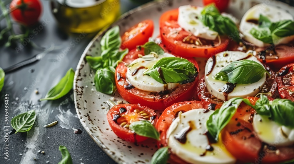 A close-up of a delicious Caprese salad featuring fresh mozzarella, ripe tomatoes, basil leaves, and a balsamic glaze. The vibrant colors and textures create a tempting visual appeal. A close-up of a delicious Caprese salad featuring fresh mozzarella, ripe tomatoes, basil leaves, and a balsamic glaze. The vibrant colors and textures create a tempting visual appeal.