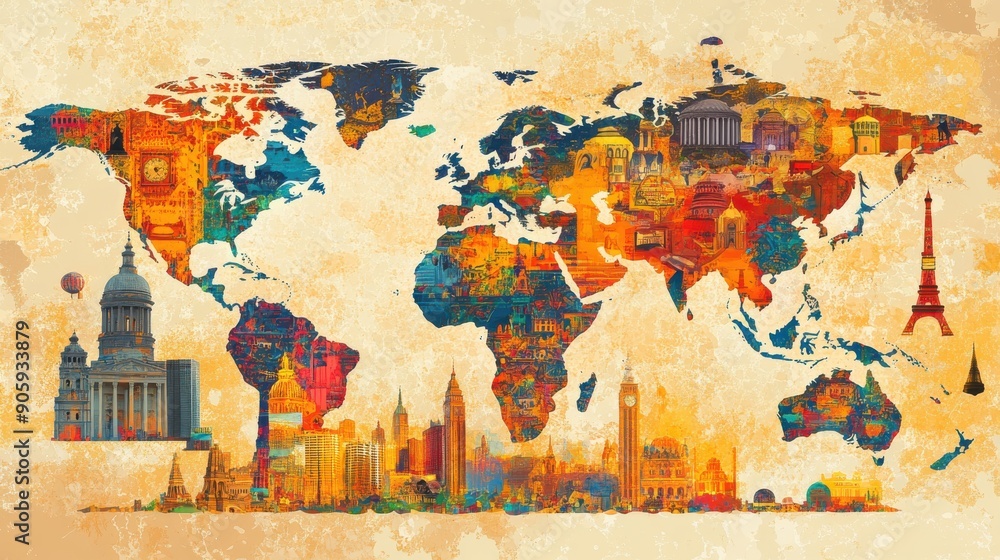 Fototapeta premium Cultural heritage visual with traditional icons on a global map, rich colors, digital illustration, modern and traditional blend, HD quality