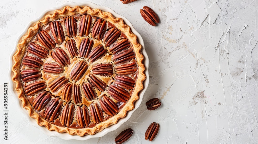 A close-up shot of a pecan pie with a flaky crust, topped with pecan halves in a beautiful pattern. This image symbolizes the warmth, tradition, and indulgence of the holiday season. A close-up shot of a pecan pie with a flaky crust, topped with pecan halves in a beautiful pattern. This image symbolizes the warmth, tradition, and indulgence of the holiday season.