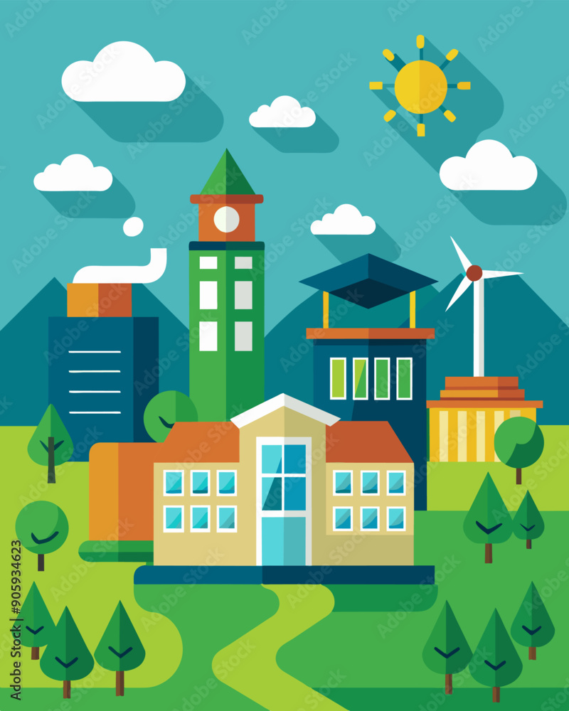 A university upgrades their campus buildings with energyefficient technologies resulting in substantial cost savings and a reduced carbon footprint.. Vector illustration A university upgrades their campus buildings with energyefficient technologies resulting in substantial cost savings and a reduced carbon footprint.. Vector illustration