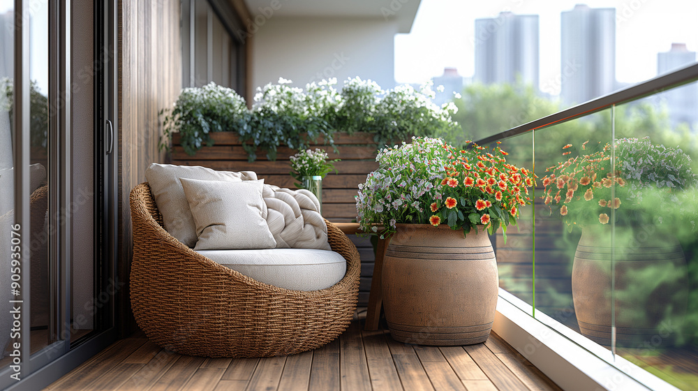Fototapeta premium hyper realistic photo, zoomed in detail shot, product photography, cozy small terrace with a Furniture and elegant cushions on the chairs.