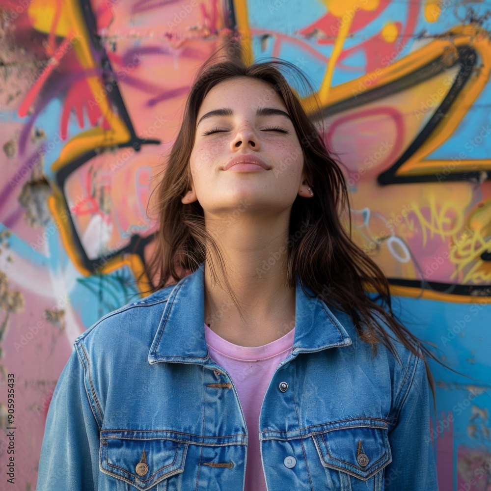 Fototapeta premium Confident Young Woman in a Denim Jacket Contemplatively Standing Against a Wall of Colorful Graffiti, Eyes Closed, Reflecting on Life's Journey.