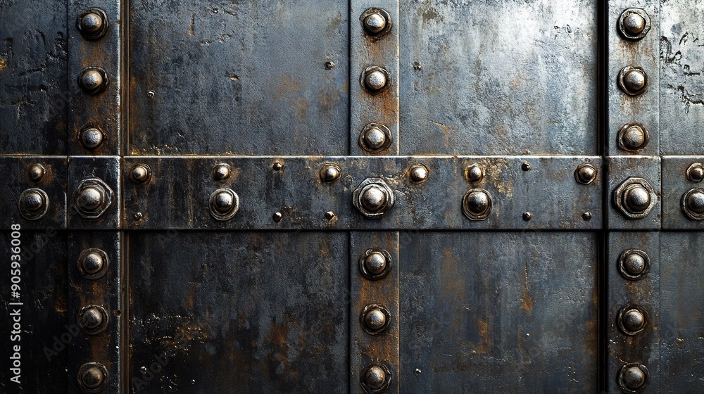 Ancient Fortress Gate: A weathered metal surface adorned with rows of rivets, evoking the strength and resilience of a bygone era. Ancient Fortress Gate: A weathered metal surface adorned with rows of rivets, evoking the strength and resilience of a bygone era.