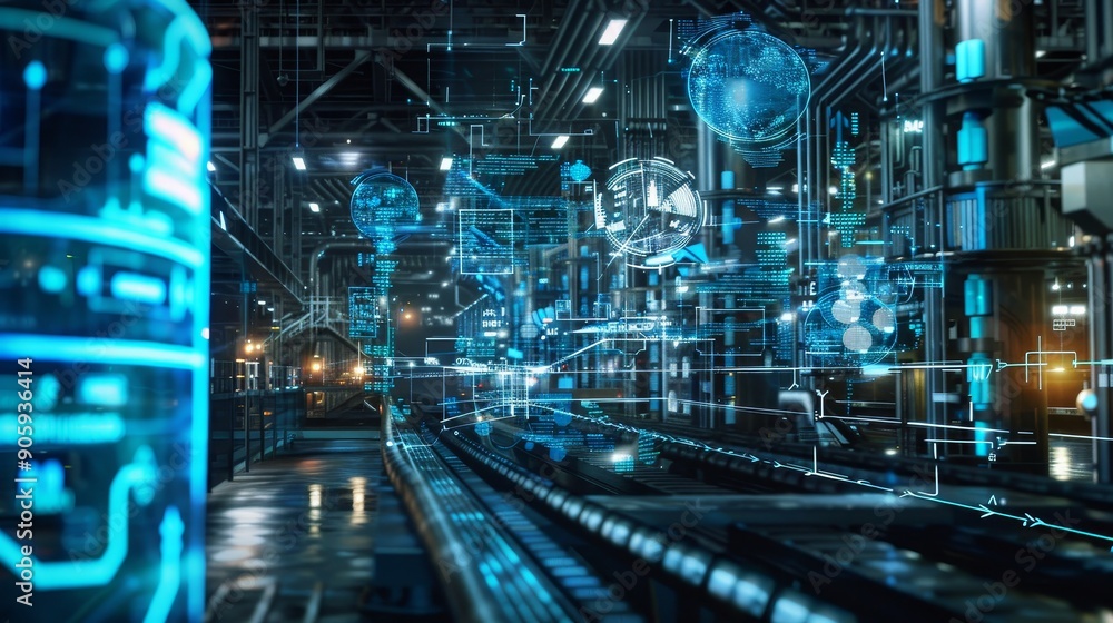 A futuristic industrial data center with holographic displays and digital interfaces, showcasing concepts of technology, innovation, connectivity, automation, and efficiency. A futuristic industrial data center with holographic displays and digital interfaces, showcasing concepts of technology, innovation, connectivity, automation, and efficiency.