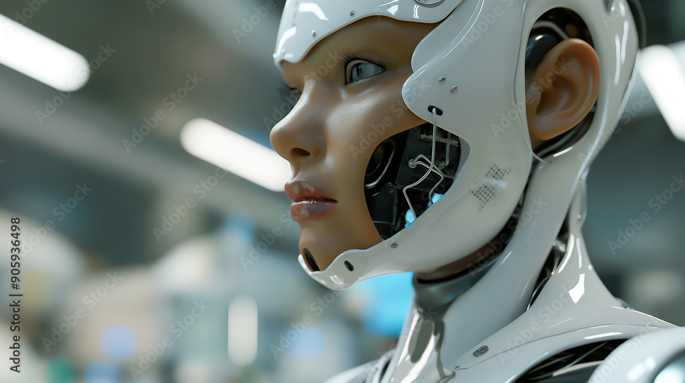 advanced AI robot, human-like features, lab setting advanced AI robot, human-like features, lab setting