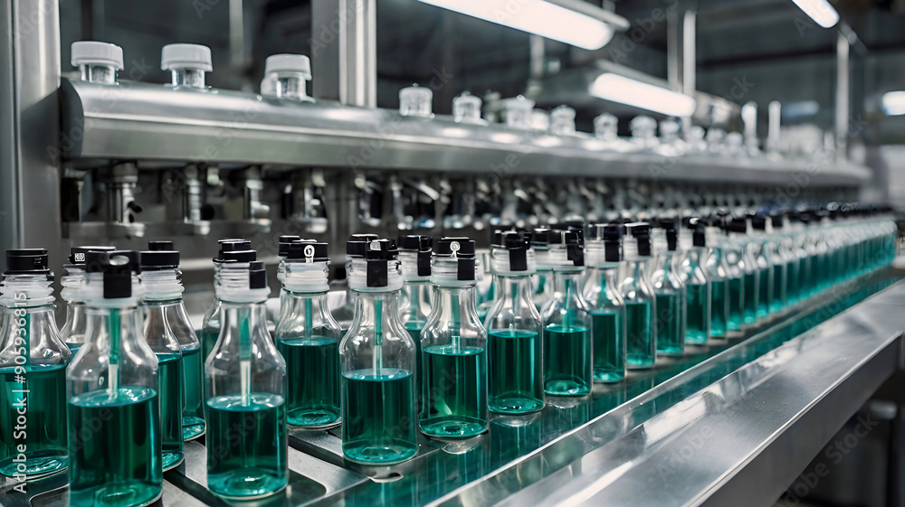 Medical vials on production line at pharmaceutical factory, pharmaceutical machine glass views. Medical vials on production line at pharmaceutical factory, pharmaceutical machine glass views.