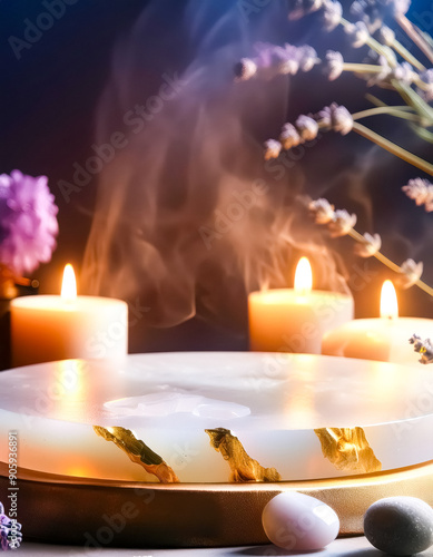 White Marble Pedestal With Burning Candles and Lavender