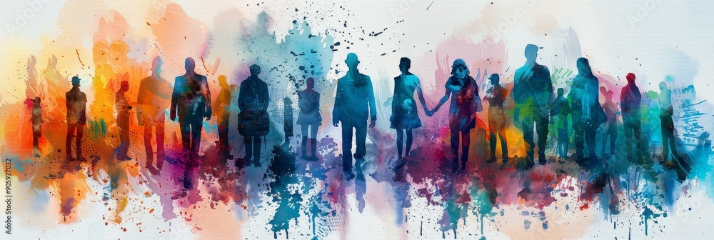 A group of diverse people stand together in a colorful abstract background. The image symbolizes unity, community, and inclusion, while also highlighting the beauty and diversity of human experience. A group of diverse people stand together in a colorful abstract background. The image symbolizes unity, community, and inclusion, while also highlighting the beauty and diversity of human experience.
