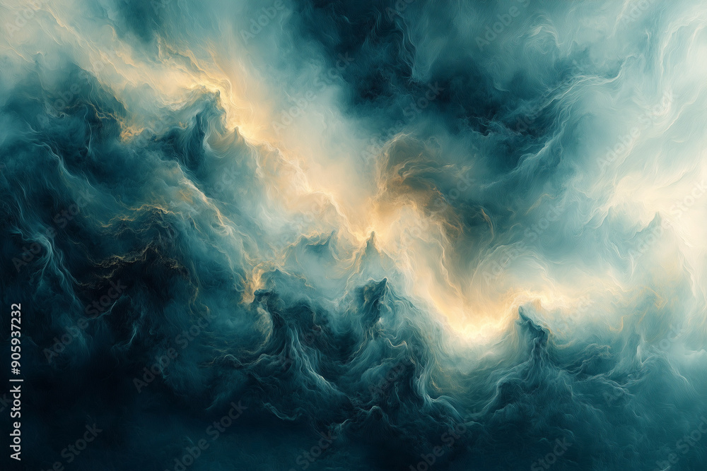 abstract artwork features a swirling cloudscape in shades of teal, blue, and white, with hints of golden light breaking through. abstract artwork features a swirling cloudscape in shades of teal, blue, and white, with hints of golden light breaking through.