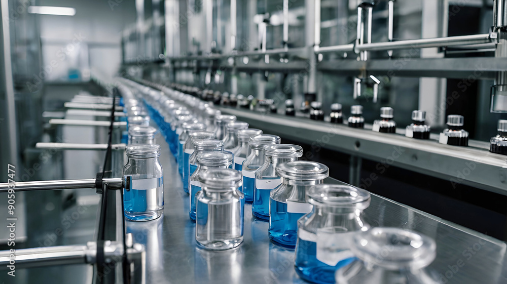 Medical vials on production line at pharmaceutical factory, pharmaceutical machine glass views. Medical vials on production line at pharmaceutical factory, pharmaceutical machine glass views.