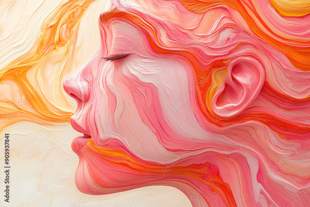 A stunning abstract portrait of a human face rendered in vibrant hues of pink, orange, and yellow. A stunning abstract portrait of a human face rendered in vibrant hues of pink, orange, and yellow.