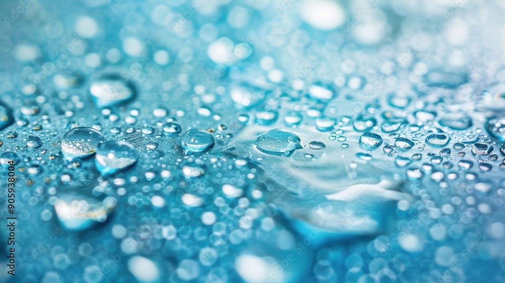 Delicate water droplets rest on a serene blue backdrop, reflecting light beautifully Delicate water droplets rest on a serene blue backdrop, reflecting light beautifully