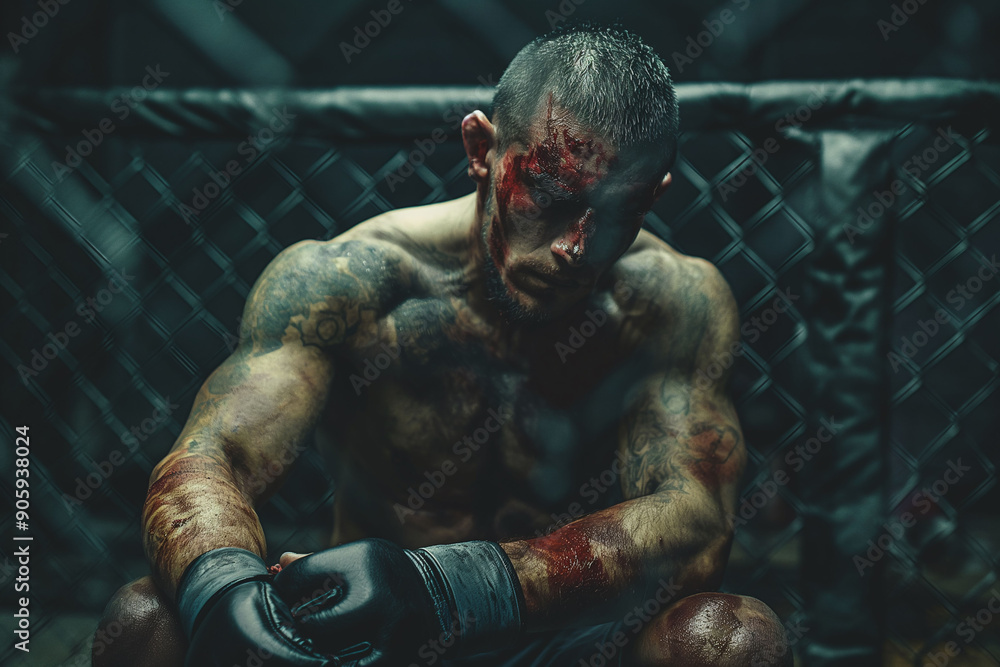Fototapeta premium Bloodied and exhausted mixed martial arts fighter sitting in the ring after a tough fight