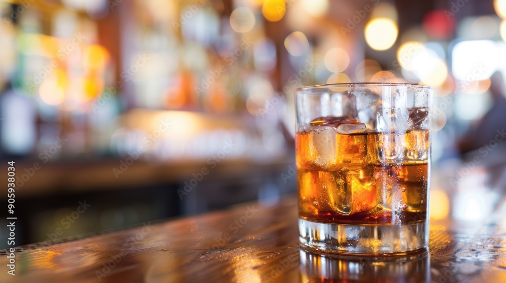 A whiskey glass filled with ice sits on a polished bar counter amidst blurred warm lights A whiskey glass filled with ice sits on a polished bar counter amidst blurred warm lights