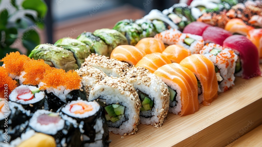 Assorted Sushi Rolls on Wooden Platter Assorted Sushi Rolls on Wooden Platter