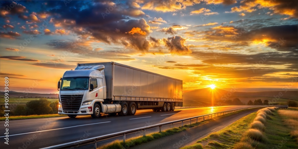 Truck driving on highway at sunset Truck driving on highway at sunset