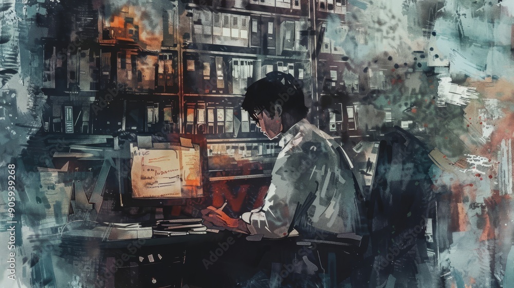 A man sits at his desk in a dimly lit room, focused on his work. The city lights can be seen outside the window, suggesting he is working late into the night. This image symbolizes dedication, perseve A man sits at his desk in a dimly lit room, focused on his work. The city lights can be seen outside the window, suggesting he is working late into the night. This image symbolizes dedication, perseve