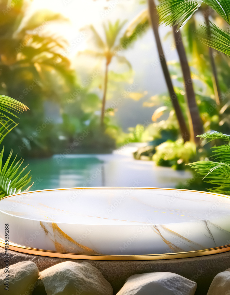 Obraz premium White Marble Podium with Golden Trim in Tropical Setting