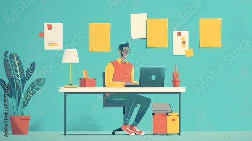 Wallpaper Mural A man sits at a desk with a laptop in front of him, surrounded by colorful sticky notes and other office supplies. This image represents organization, productivity, creativity, and task management. Torontodigital.ca
