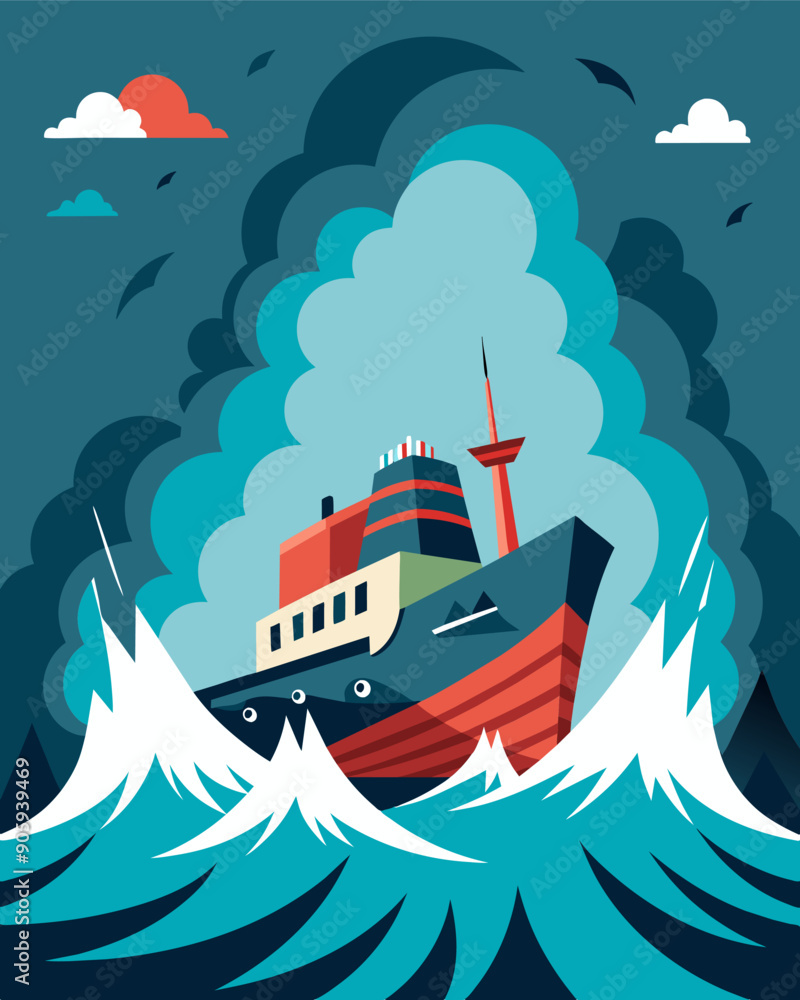 A stormy seascape with a ship representing the economy being tossed around by rough waves of market volatility.. Vector illustration A stormy seascape with a ship representing the economy being tossed around by rough waves of market volatility.. Vector illustration