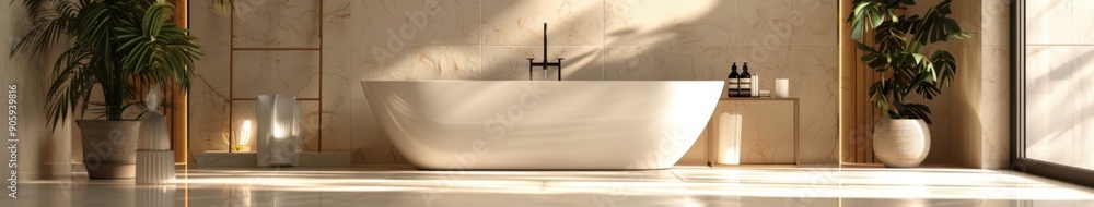 Naklejka premium Stylish Modern Bathroom with a Shower, Bathtub, and Chic Marble Tiles in an AI-Generated Image of Luxurious Comfort.