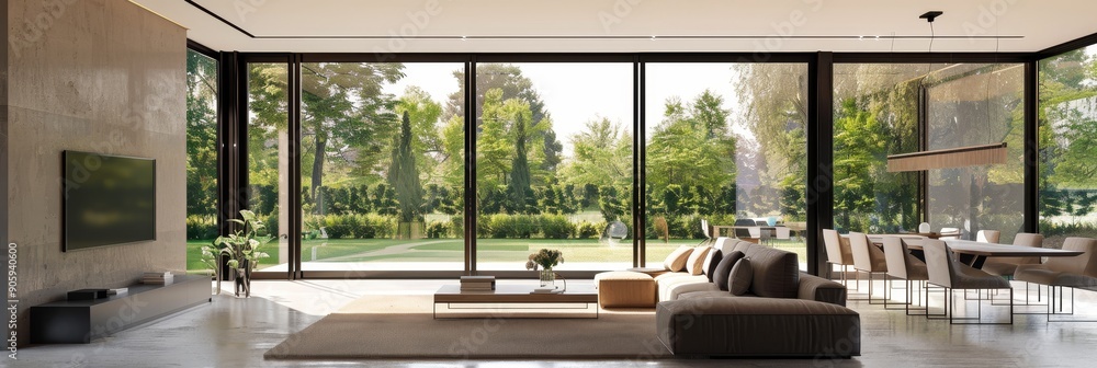 A modern living room with large windows showcasing a lush green garden, a comfortable couch, and a coffee table. The room is bright and airy with natural light streaming in, making it a perfect space A modern living room with large windows showcasing a lush green garden, a comfortable couch, and a coffee table. The room is bright and airy with natural light streaming in, making it a perfect space