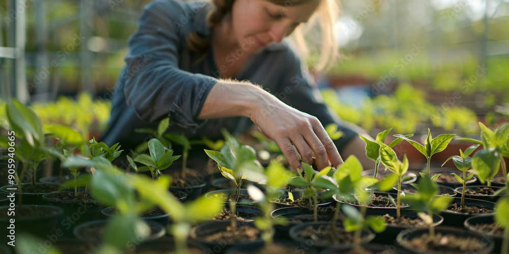 caucasian woman. A woman carefully tends to young seedlings in a greenhouse, caucasian woman. A woman carefully tends to young seedlings in a greenhouse,