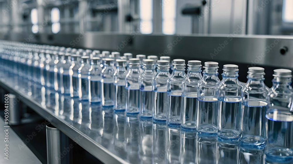 Medical vials on production line at pharmaceutical factory, pharmaceutical machine glass views. Medical vials on production line at pharmaceutical factory, pharmaceutical machine glass views.
