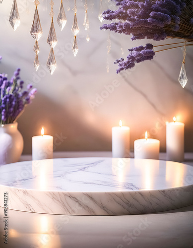 Marble podium with candles and lavender flowers
