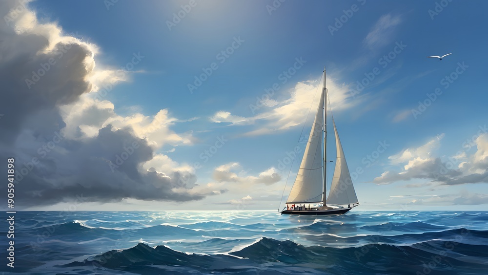 Obraz premium Radiant Sun Over Tranquil Sea with Sailboat