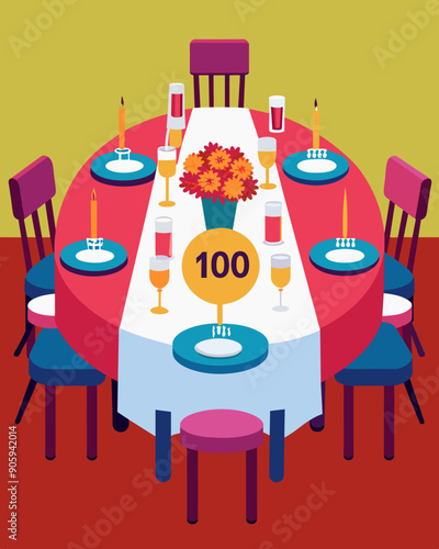 A table set for a fundraising dinner with a price tag attached to each seat with $1000 to attend the charity event.. Vector illustration