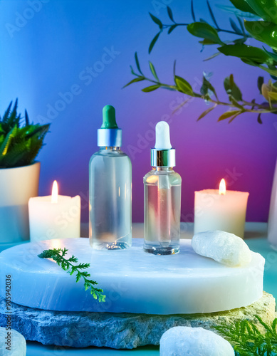 Two Bottles of Essential Oils on a White Stone with Blue and Purple Background