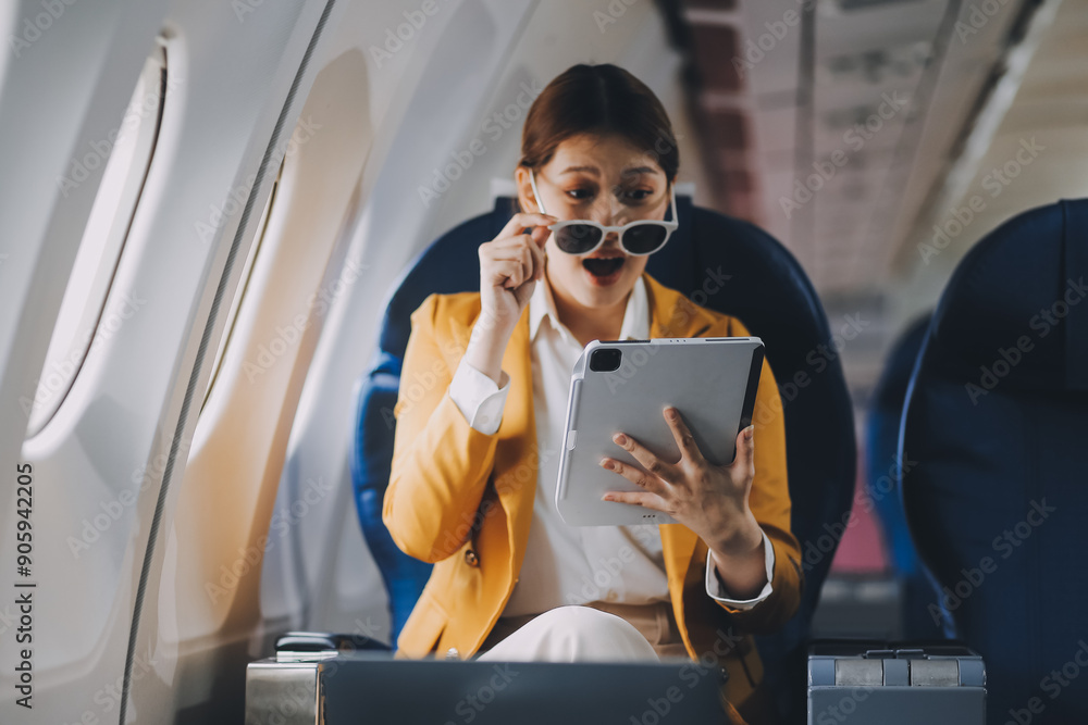 A young Asian woman, seated as an airplane passenger, contemplates dollar bills, reflecting on lucrative opportunities and aspirations towards billionaire status. A young Asian woman, seated as an airplane passenger, contemplates dollar bills, reflecting on lucrative opportunities and aspirations towards billionaire status.