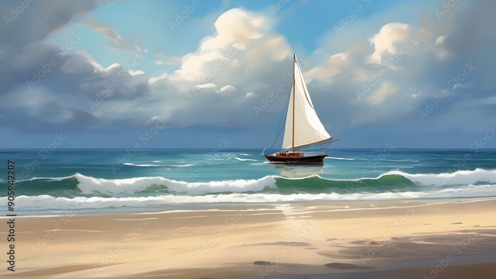 Obraz premium Radiant Sun Over Tranquil Sea with Sailboat