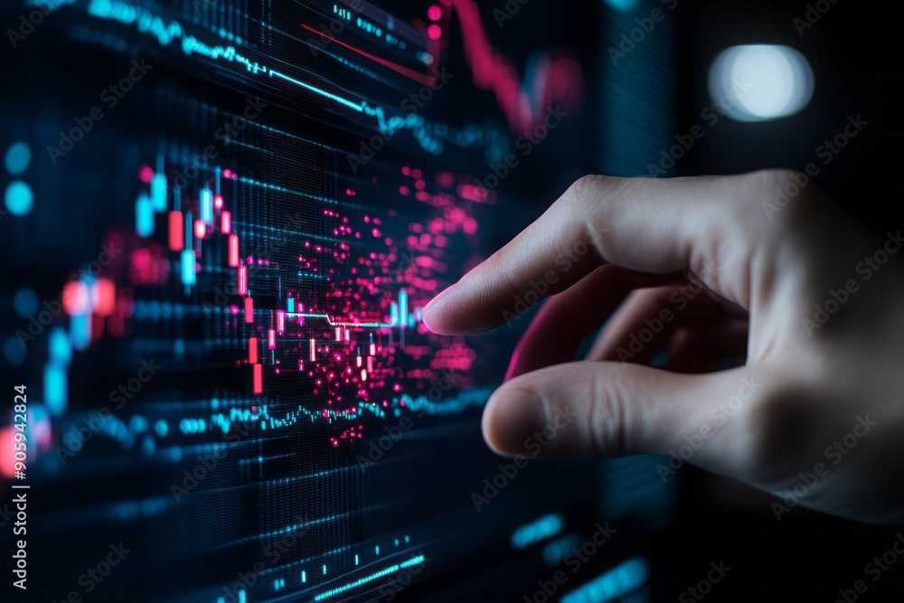 Close-up of a hand interacting with a digital screen displaying complex data charts and graphs in vibrant colors. Close-up of a hand interacting with a digital screen displaying complex data charts and graphs in vibrant colors.
